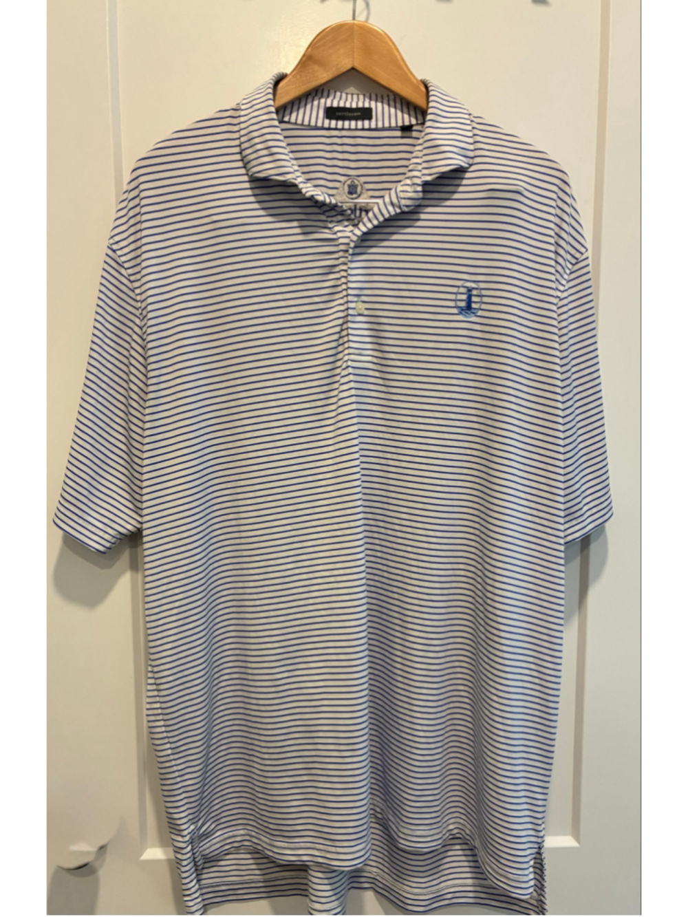 Men's Turtleson Polo Shirt XL White Blue Striped Lighthouse Logo